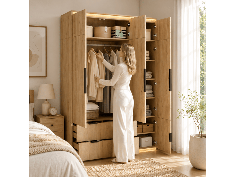 Armoire 135x47x200 cm avec miroir et led, 1 tringle, 4 tiroirs, mdf, bois, meuble chambre et dressing, chambre déco  - Conforama B