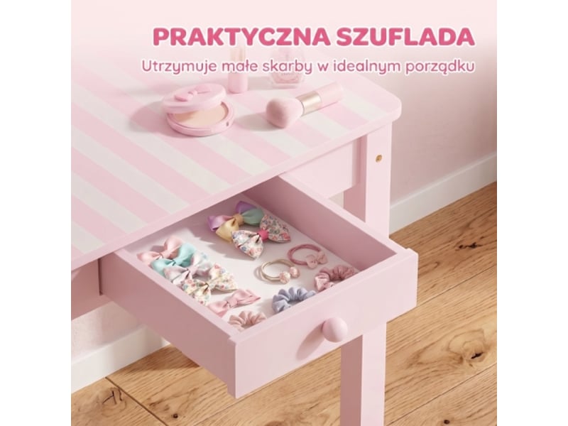  Coiffeuse enfant 2 en 1 rose, bureau avec miroir amovible, tiroir et tabouret, filles 3-6 ans  - Conforama E