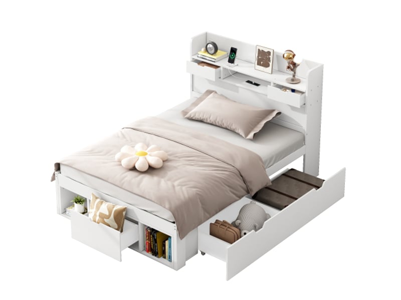  Lit enfant 90x200 cm, lit simple, port usb, 5 tiroirs, compartiments rangement, étagères rangement, blanc, sans matelas  - Conforama A
