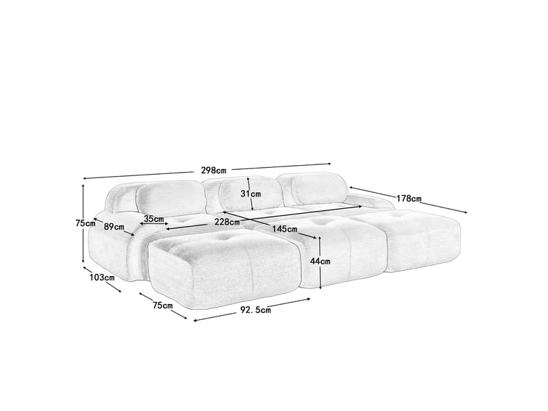  Canapé 3 places modulable en tissu velours côtelé,canapé-lit avec 3 repose-pieds amovibles,32d élastique,base anti-dérapant,noir 298x178x75cm - Conforama E