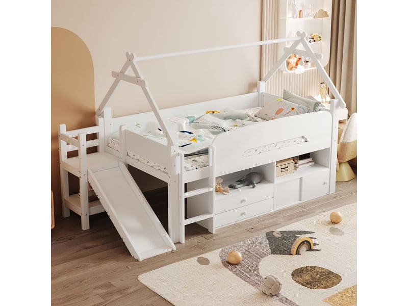  Lit mezzanine 90x200, gain d'espace sécurisé lit mezzanine enfant, structure bois massif, garde-corps haut, rangement intégré, toboggan intégré, design cabane ludique, blancgris  - Conforama B