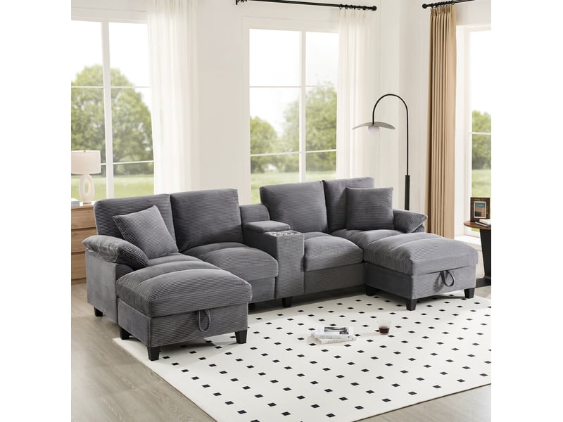 Canapé panoramique en u 4 places 293x142 cm – gris – rangement, usb et porte-gobelets en acier inoxydable - Conforama B
