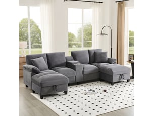 Canapé panoramique en u 4 places 293x142 cm – gris – rangement, usb et porte-gobelets en acier inoxydable