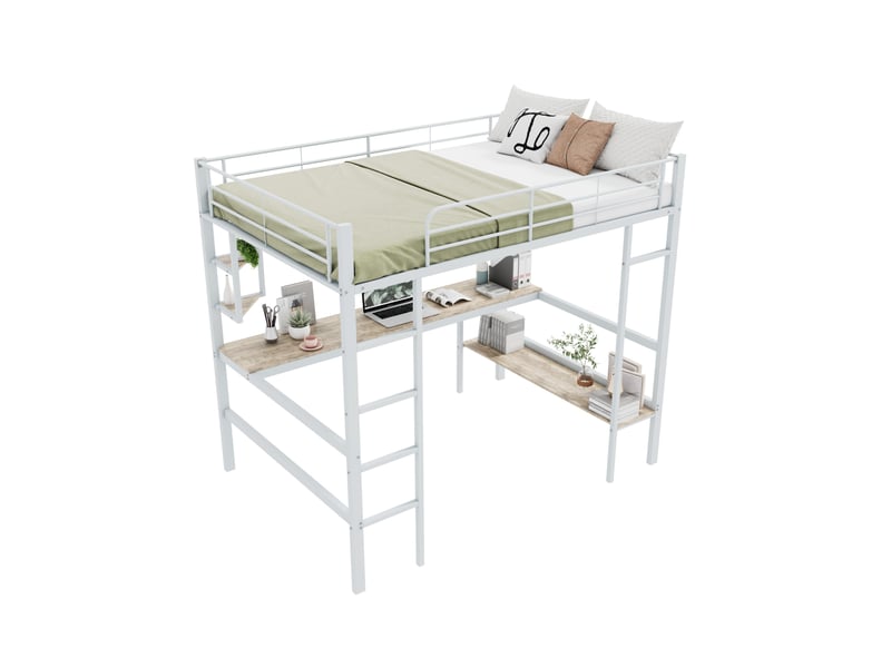  Lit mezzanine 140x200 cm en métal avec bureau, étagères et bibliothèque, blanc  - Conforama A