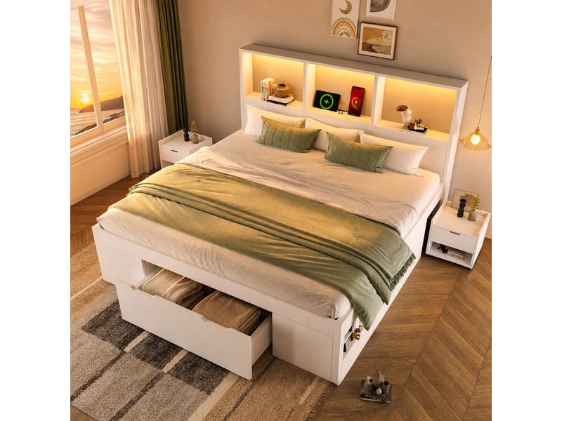 Lit 140 x 190 cm blanc avec rangement, led et 2 tables de chevet mobiles - Conforama C