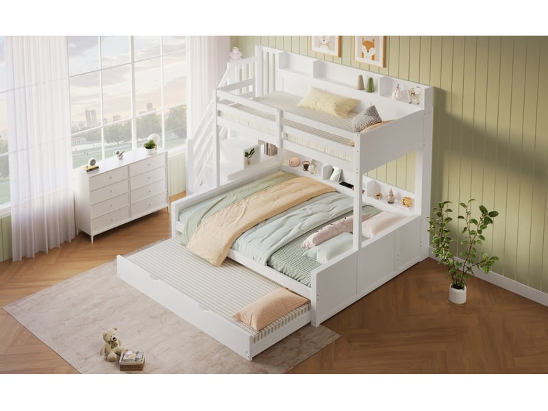 Lit superposé 90x200 et 140x200 avec lit gigogne 90x190 blanc mdf et pin rangement intégré port usb Sol Morn - Conforama E