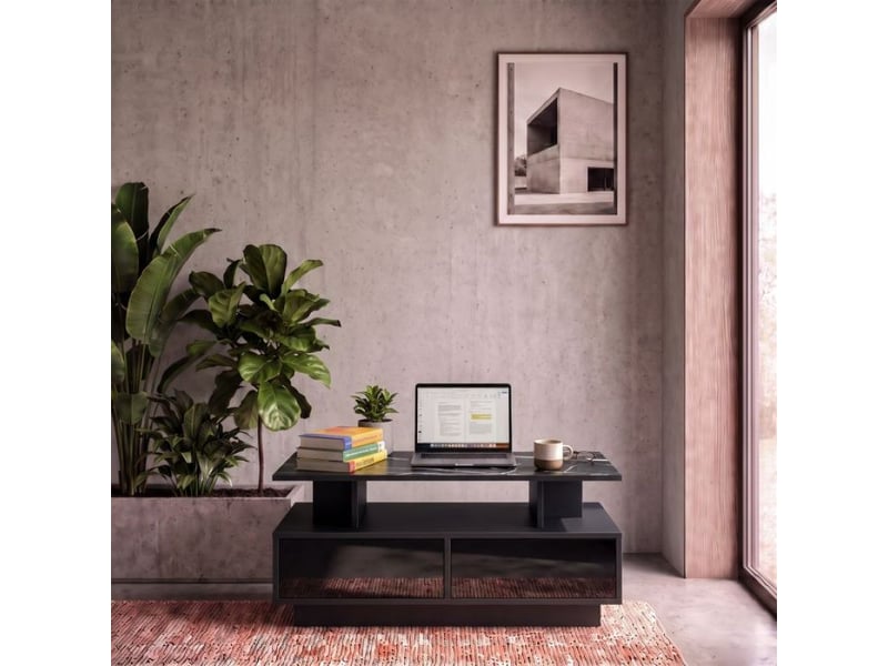  Table basse moderne effet marbre, noire, à deux niveaux avec 2 tiroirs et niche ouverte, 90 x 50 x 41  - Conforama C