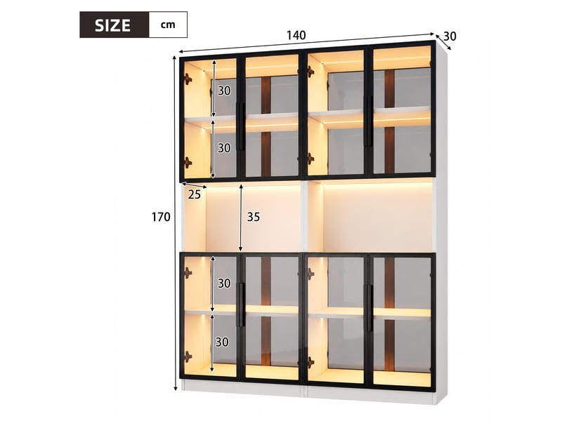 Vitrine 2 pièces 140x30x170 cm, meuble vitrine en verre avec éclairage led, fond miroir et portes en verre trempé gris, pour salon salle à manger  - Conforama D