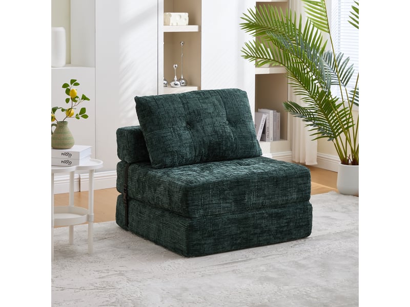 Chauffeuse convertible 1 place en chenille vert avec coussins, couchage 180 x 79 cm Fay Lum - Conforama B