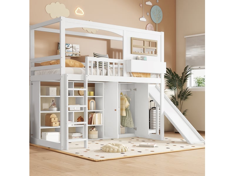 Lit superposé enfant avec toboggan et armoire blanc et naturel 90 x 200 cm - Conforama D
