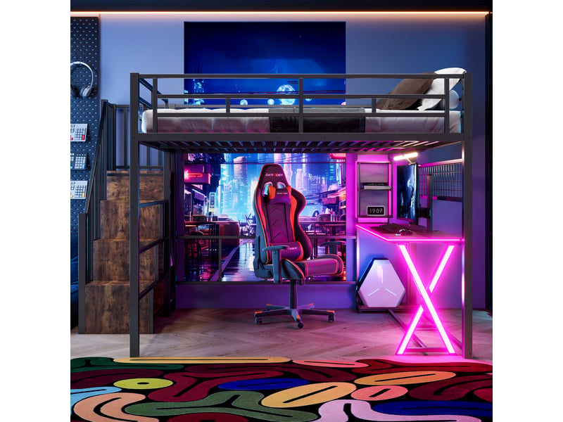  Lit mezzanine 160x200cm avec bureau, armoire, étagères, escalier de rangement et éclairage led, lit multifonction, sans matelas, noir evarich - Conforama E