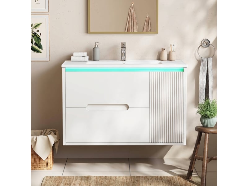 Meuble salle de bain suspendu 81 cm blanc avec vasque en céramique et éclairage led - Conforama B