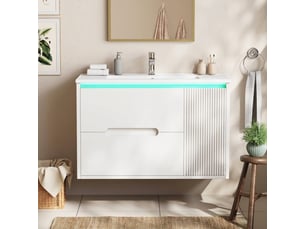 Meuble salle de bain suspendu 81 cm blanc avec vasque en céramique et éclairage led