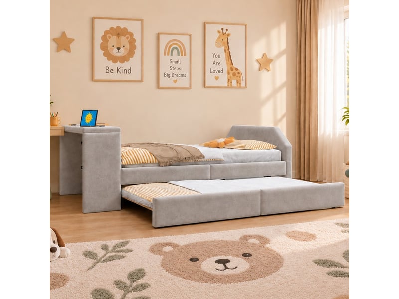  Lit jeune, coloris gris, matière velours, couchage 90x200 cm, dimensions : 236 x 98.5 x 75.5 cm  - Conforama D