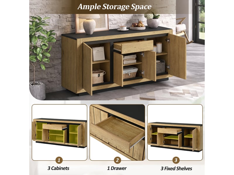  Buffet 140 cm avec 4 portes et 1 tiroir, meuble de rangement en mdf noir et effet bois pour salon et salle à manger  - Conforama E