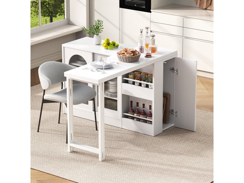 Table de bar extensible pivotante 360° avec rangement - lpospi - portes vitrées rainurées, mdf blanc - Conforama C