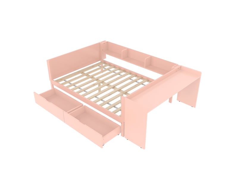 Lit enfant rose 140x200 cm en bois, bureau, 2 tiroirs et étagères intégrés - Conforama D
