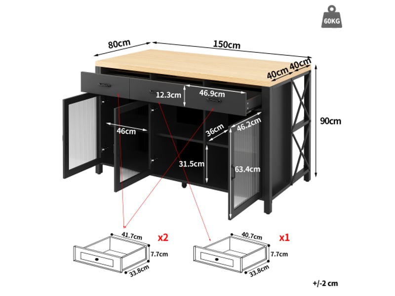  Îlot de cuisine industriel avec led, 3 tiroirs et portes vitrées, 150x80x90 cm, pieds réglables, finition noir et bois naturel, meuble bar multifonctionnel  - Conforama C