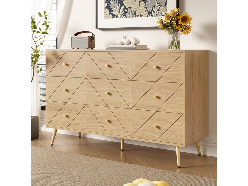 Commode à 9 tiroirs avec façades à motifs géométriques et pieds en fer, en panneaux de particules, coloris naturel, 120 × 39 × 80 cm  - Conforama C