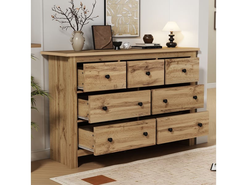 Commode 152x40x88,5 cm avec 7 tiroirs, design à motif bois et espace de rangement, panneaux de particules, couleur bois - Conforama W