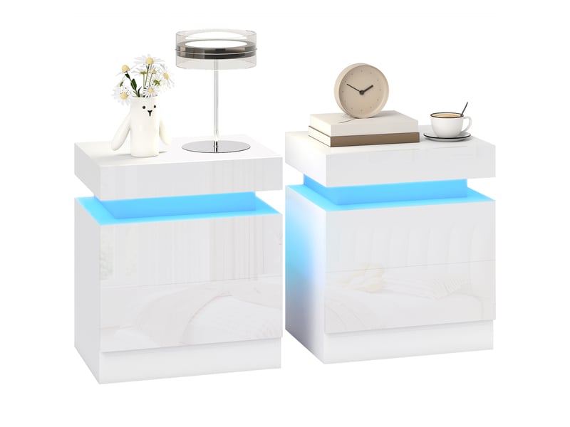  Ensemble de 2 tables de chevet led avec 16 couleurs et 4 modes d'éclairage, 2 tiroirs, en bois, 45 x 35 x 52 cm, blanc brillant  - Conforama A