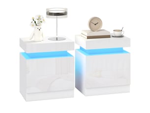 Ensemble de 2 tables de chevet led avec 16 couleurs et 4 modes d'éclairage, 2 tiroirs, en bois, 45 x 35 x 52 cm, blanc brillant