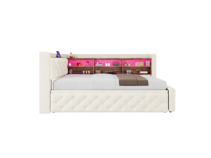 Canapé-lit extensible 90 x 190 cm en velours, rangement, led usb type-c, beige - Conforama A