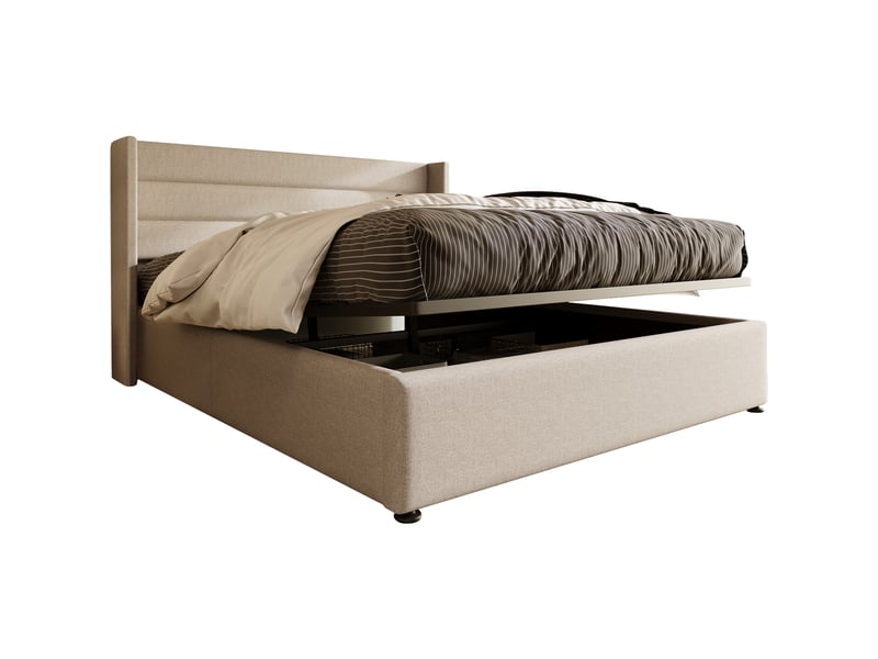  Lit coffre 160x200 cm rembourré, rangement hydraulique, tête de lit capitonnée en lin beige, sommier relevable  - Conforama A