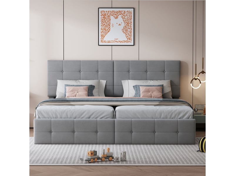 Lit coffre 180x200 cm en velours gris avec grand espace rangement - lit rembourré - sommier hydraulique robuste et moderne - Conforama B