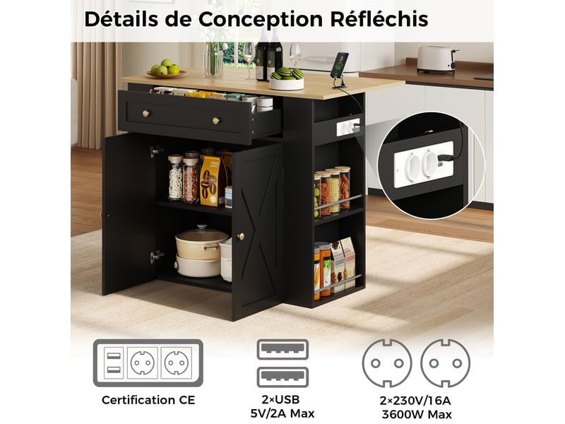  Îlot de cuisine extensible 120x4775x97 cm, 2 portes, tiroir, rangements latéraux, prises usb, mdf et panneau de particules, noir  - Conforama E
