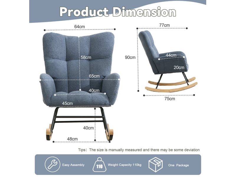  Fauteuil à bascule ergonomique avec accoudoirs, dossier enveloppant et poche latérale, en tissu bouclette bleu marine  - Conforama D