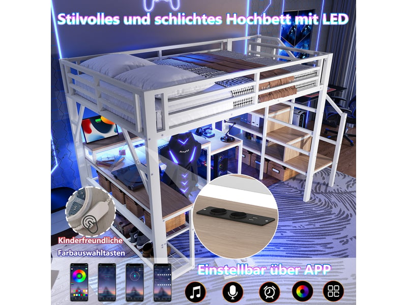  Lit mezzanine 140 x 200 cm sans matelas, structure métal, bureau, led, usb, escalier avec rangement, blanc  - Conforama C