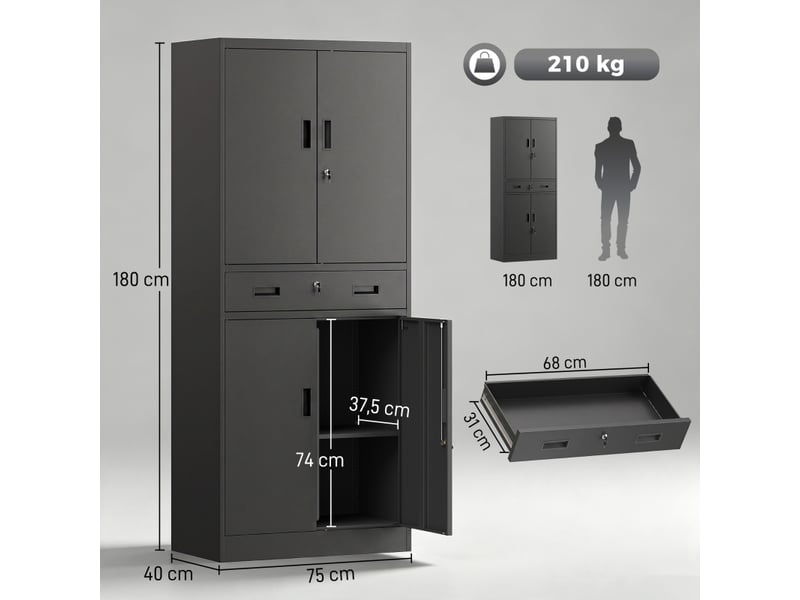 Armoire métallique 180 cm, armoire à outils avec portes verrouillables, tiroir et étagères réglables, noire - Conforama C