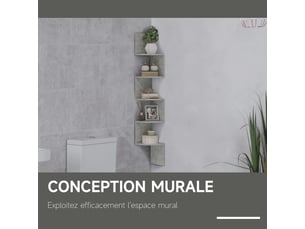 Étagère d'angle murale de rangement forme zigzag 20l x 20l x 126h cm gris 5 niveaux bois