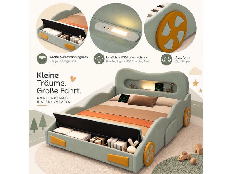  Lit enfant voiture avec coffre - 140x200 cm - coffre de rangement - éclairage led - sommier à lattes - matelas non inclus - vert CozyNest - Conforama E