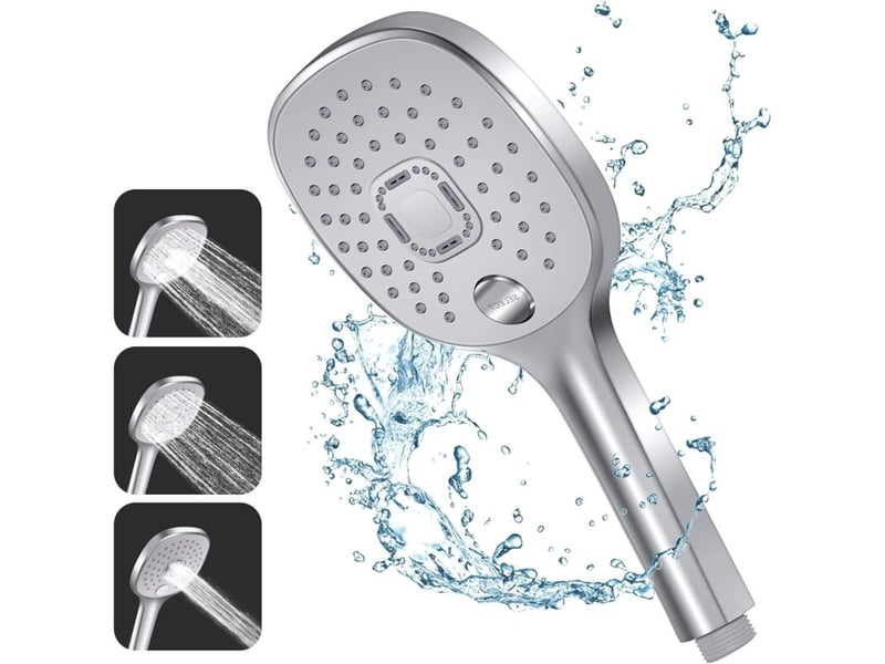  Pommeau de douche argenté, 3 types de jets, poignée durable, buse silicone écologique. Sans tuyau, design ergonomique et performant pour salle de bain.  - Conforama A