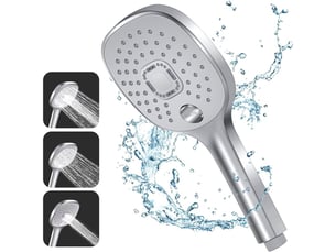 Pommeau de douche argenté, 3 types de jets, poignée durable, buse silicone écologique. Sans tuyau, design ergonomique et performant pour salle de bain.