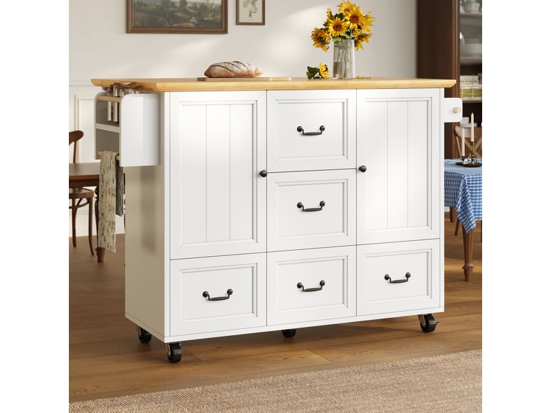 Îlot de cuisine à roulettes 120 cm, desserte de cuisine blanc et noir avec plateau pliable et 5 tiroirs - Conforama B