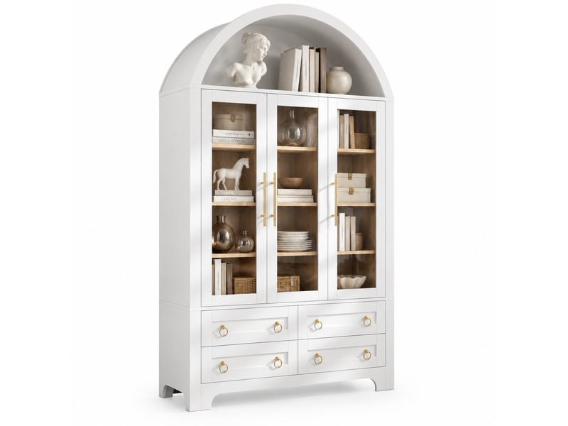  Buffet haut blanc, 3 portes vitrées, 4 tiroirs, niche ouverte en arche arrondie, poignées en aluminium, pb et mdf  - Conforama A