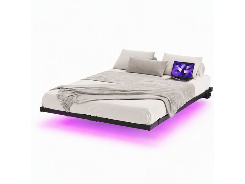  Lit double 120x200 cm éclairage led et station de charge en métal noir  - Conforama A