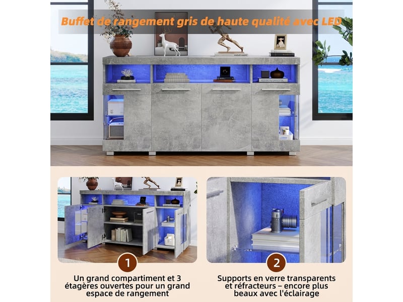  Buffet de salon industriel gris ciment avec led 140x40x70cm  - Conforama W