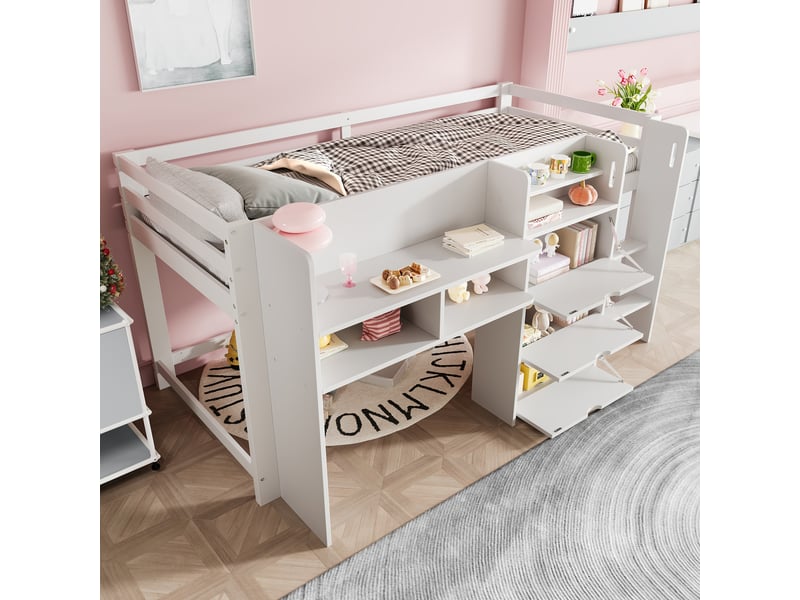 Lit mi-hauteur 90x200 blanc en forme de maison, lit cabane enfant blanc avec rangements intégrés, étagères, 3 tiroirs et échelle - Conforama E