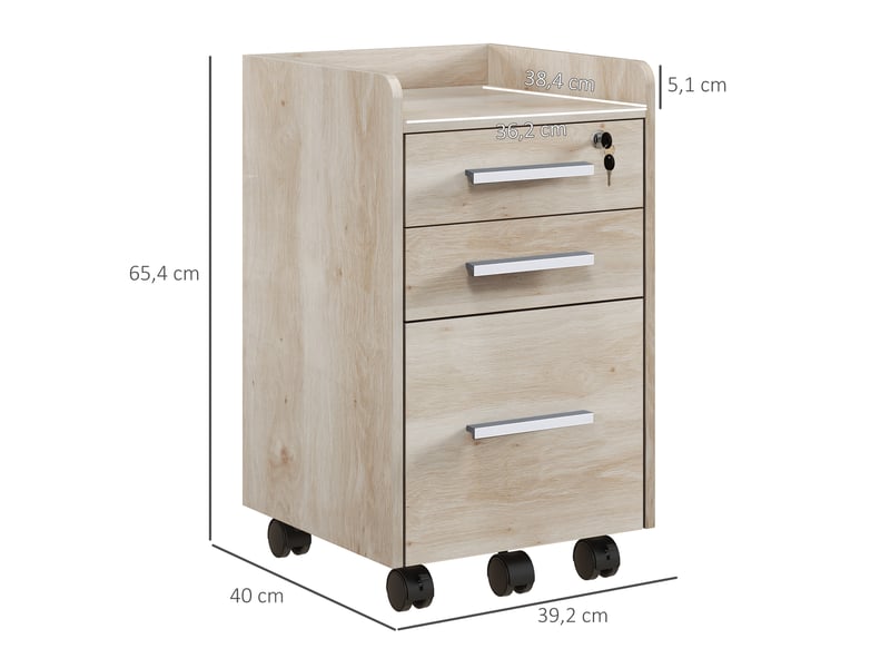 Caisson de bureau rangement bureau sur roulettes 3 tiroirs 1 verrouillable 1 trieur dossiers en bois beige  - Conforama D
