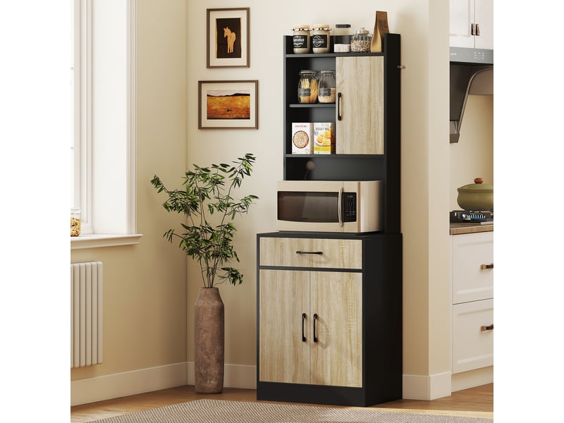  Meuble de cuisine avec plan de travail et passe-câbles, commode de cuisine moderne avec tiroir, 3 étagères ouvertes, bois naturel, noir  - Conforama D