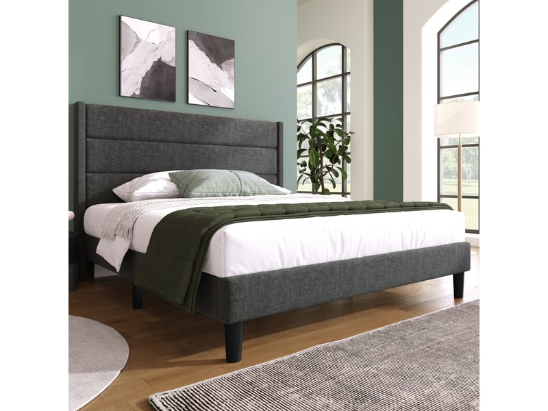 Lit 140x200 cm tissu lin gris foncé cadre tapissier tête de lit sommier à lattes sans matelas  - Conforama B