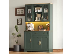 Buffet de cuisine haut avec 2 portes vitrées, 1 tiroir, étagères réglables et éclairage led pour cuisine, vert