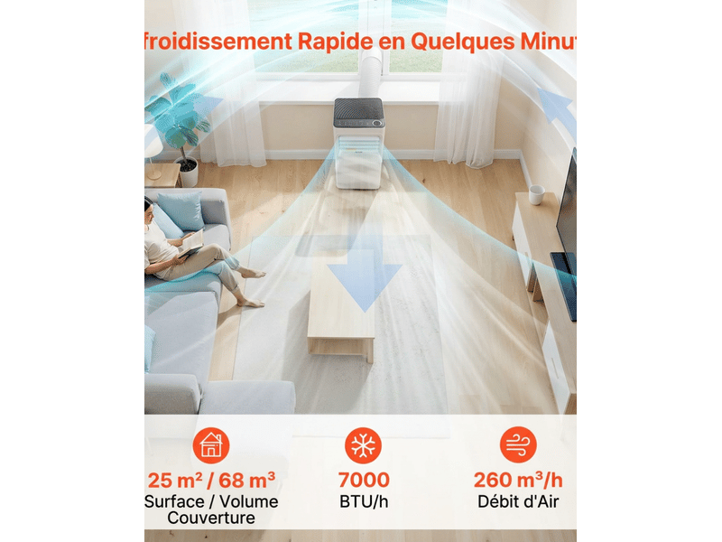  Climatiseur mobile 7000 btu, classe a - refroidisseur 3 en 1, déshumidificateur &amp; ventilateur avec kit sans perçage pour chambre.  - Conforama D