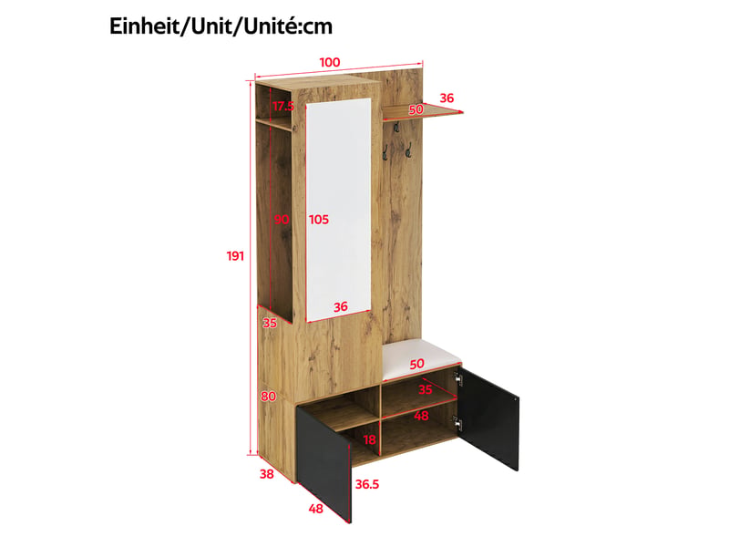  Vestiaire d'entrée avec miroir banc à chaussures et 5 patères mdf 100 x 38 x 191 cm GL9978N - Conforama C