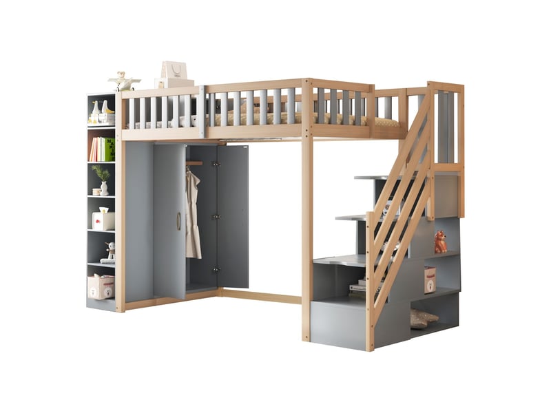  Lit mezzanine 90x200 cm avec armoire et escalier de rangements - lit 1 place - cadre en bois massif gris et naturel multifonctionnel  - Conforama A