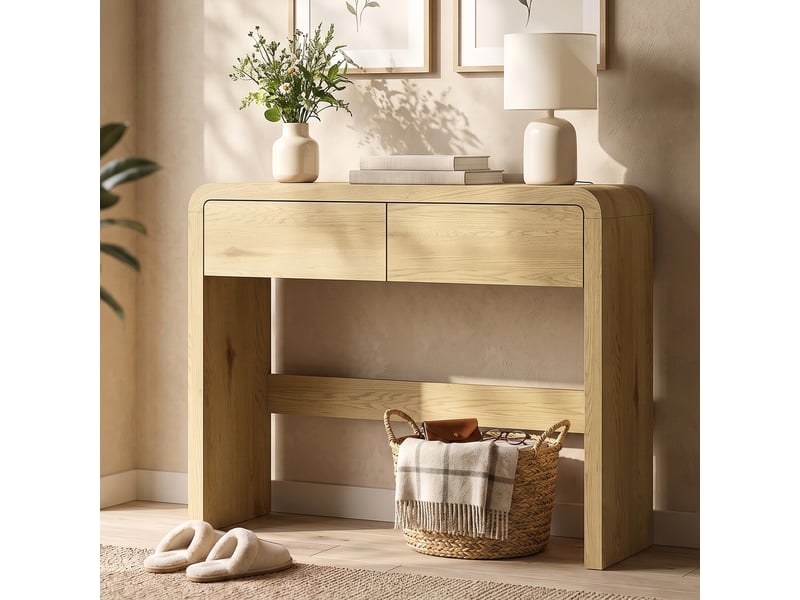  Table console avec 2 tiroirs, console meuble, 100 x 30 x 85 cm, coins arrondis et plateau épais, bois naturel  - Conforama C